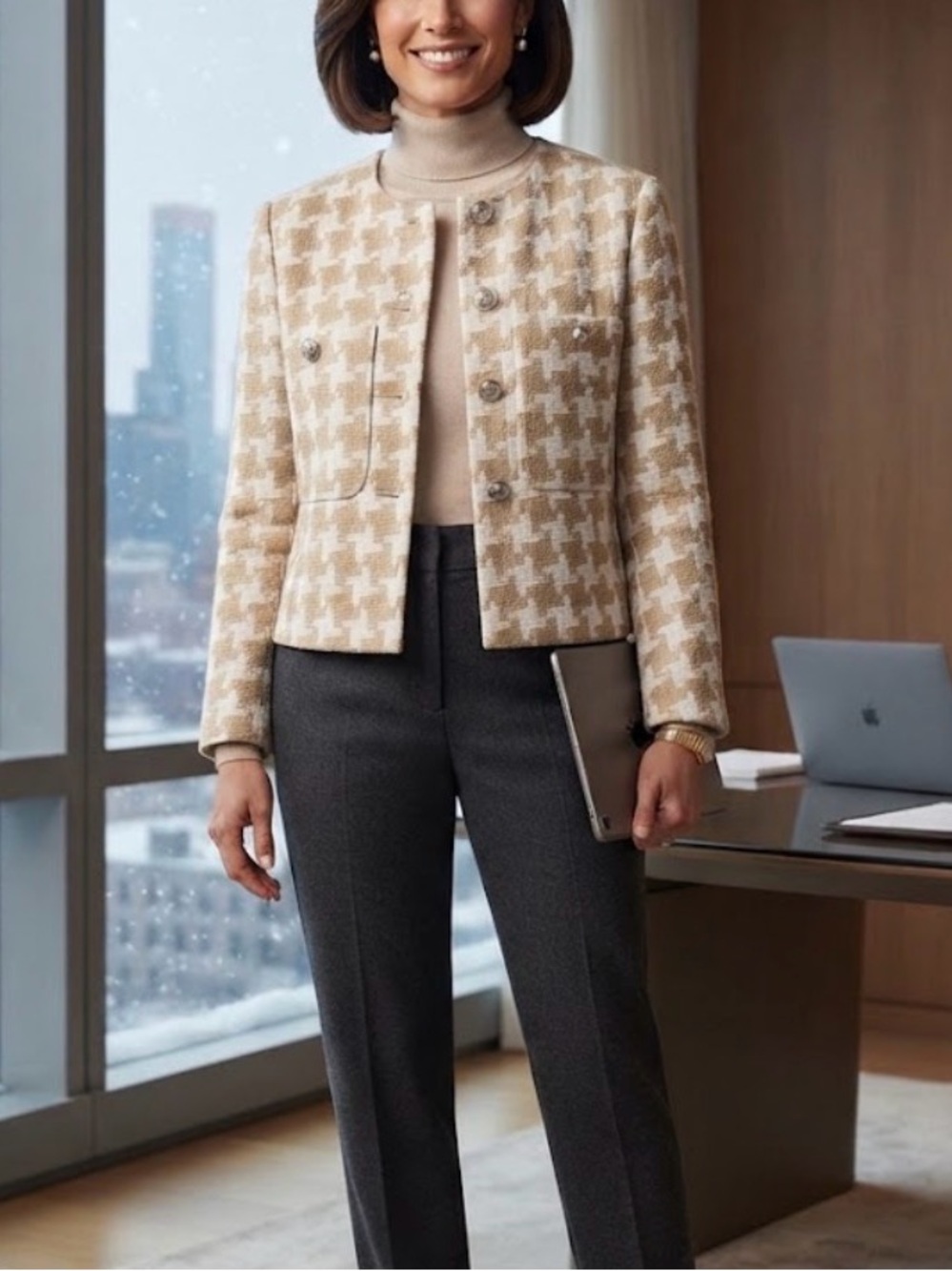 Ann Taylor Houndstooth Camel & White Collarless Cropped Tweed Jacket/Blazer 12